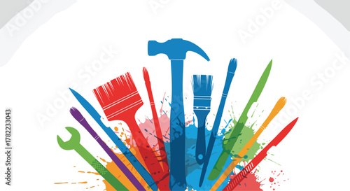 Vibrant collection of colorful tools and paintbrushes with creative splatters for DIY projects and design inspiration