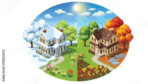 Charming houses showcase vibrant seasonal changes from snowy winter to blooming autumn gardens