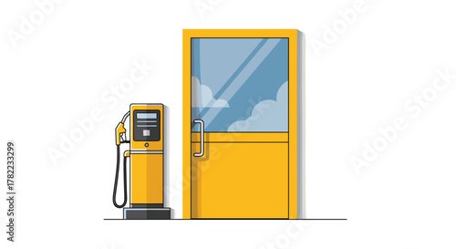 Bright yellow gas pump stands beside a modern yellow door with blue sky reflection, inviting entry to adventure