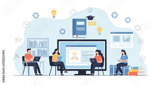 Diverse students collaborate in modern learning space, embracing digital education, brainstorming ideas, and achieving academic success