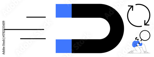 Magnet attracting objects with motion lines, circular motion icons, and person analyzing with a magnifying glass. Ideal for marketing, customer retention, growth, focus, strategy, improvement simple