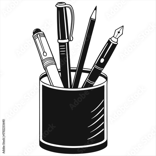 Black silhouette of pens and pencils in a cylindrical holder on a white background art