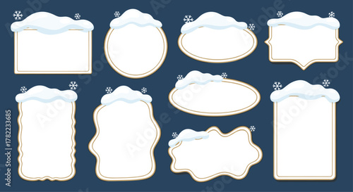 Whimsical winter frames adorned with fluffy snow and festive snowflakes create charming holiday invitations and seasonal designs