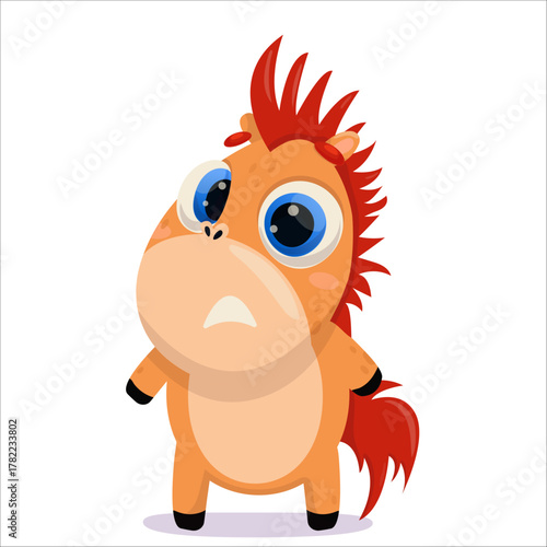 Vector illustration of a scared horse. Horse, character, 2026, Horoscope, cute, drinking, pony, childish, funny, Chinese, fright, emotion
