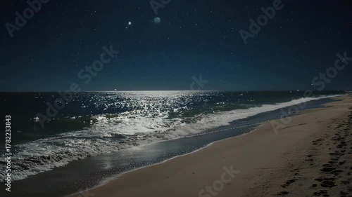 Serene Beach at Night Under the Moonlight with Gentle Waves.