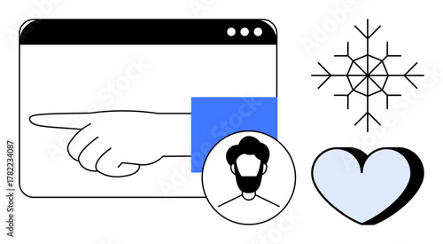 Hand pointing outward, minimalist browser, user profile, snowflake, and heart. Ideal for navigation, technology, user interface personalization relationships diversity guidance. Simple flat