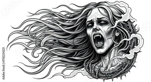 Striking monochrome artwork of a screaming woman with wild hair and thorny elements evokes horror and dark fantasy themes for edgy designs