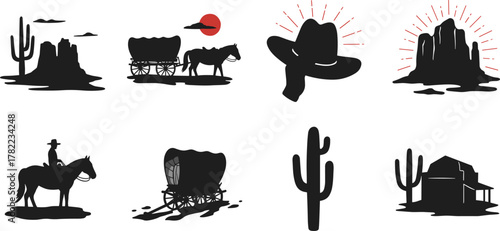 Wild west cowboy silhouette illustration with desert cactus, horse wagon, mountain, sunset, cowboy hat, barn, and vintage landscape design