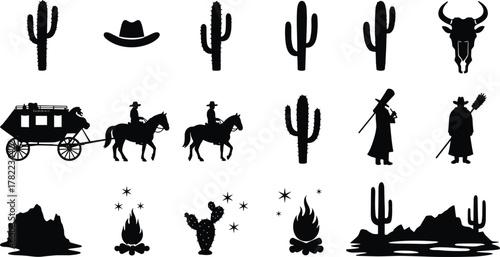 Wild west silhouette vector illustration with cowboys, horses, cacti, bonfire, hat, mountains, bull skull, and vintage carriage design