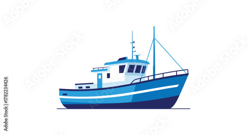 Modern blue fishing vessel sailing confidently across calm ocean waters, symbolizing industry and adventure