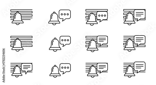 Set of twelve outline notification icons featuring a bell with various speech bubble designs, including ellipses and text lines, set against a horizontal striped background, ideal for graphic design