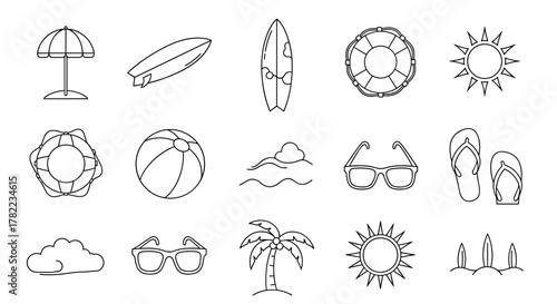 Collection of hand-drawn summer beach icons and symbols, featuring a beach umbrella, surfboards, a lifebuoy, a beach ball, waves, sunglasses, flip-flops, a palm tree, the sun, and clouds, all