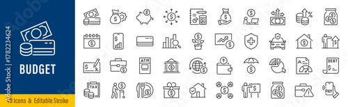 Budget web icons in line style. Income, tax, savings, management, planning, expenses, wallet, receipt. Editable stroke. Vector illustration.