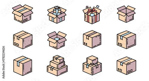 Modern outline style icons representing various types of boxes, including open and closed shipping cartons, gift boxes with ribbons, and stacked packages, presented as a clean, ordered set on a white