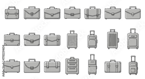 Collection of simple, isolated line icons representing briefcases and business suitcases, featuring editable strokes and a clean, modern design suitable for web, print, and app use. This vector