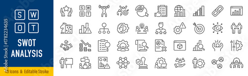 SWOT analysis web icons in line style. Strengths, planning, weaknesses, opportunities, strategy, business, strategy. Editable stroke. Vector illustration.
