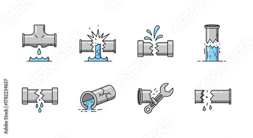 Set of eight flat design icons representing broken pipes with water leaks, symbolizing plumbing issues, water damage, and repair needs. These editable stroke vector illustrations are perfect for web