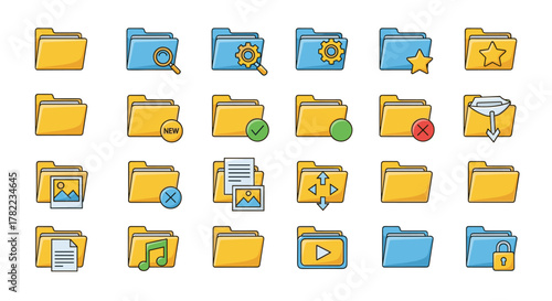 Collection of computer folder icons, featuring a variety of designs including search, settings, new, checkmark, cross, star, image, document, music, video, download, and lock symbols, presented in a