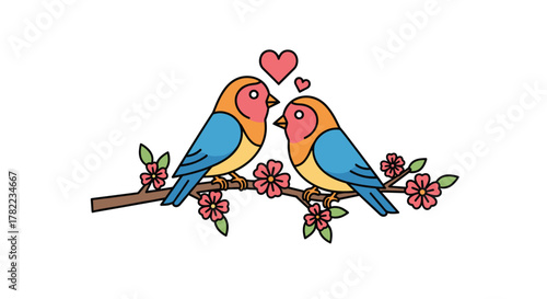 Adorable lovebirds perched on a blossoming branch with hearts floating above, symbolizing romance and affection