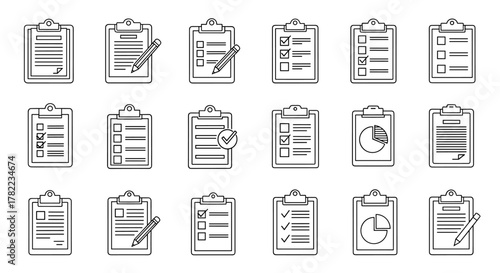 Clipboard outline icon collection, editable stroke, perfect for infographics, articles, books, flyers, banners, vector cartoon illustration with a white background. Includes various checklist