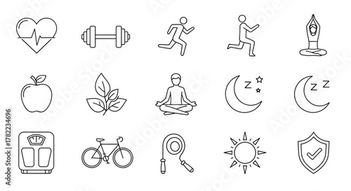 Collection of outline symbols representing a healthy lifestyle, fitness, and wellness, including a heartbeat, dumbbell, running figures, yoga pose, apple, leaves, moon with stars, sleeping moon