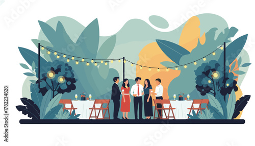 Chic outdoor gathering with elegant guests enjoying a festive evening under twinkling fairy lights and lush foliage