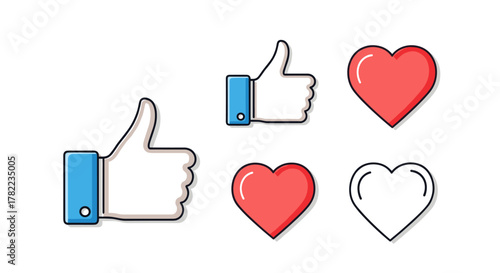 Set of social media icons featuring two thumbs-up gestures and three heart symbols, including filled red hearts and an outline heart, presented on a clean white background, perfect for web and app