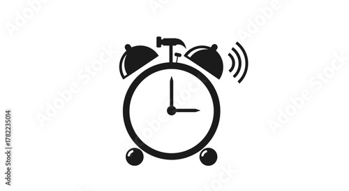 Alarm clock icon with hammer and sound waves, symbolizing time, wake up, and urgency. This vector cartoon illustration is perfect for graphics, apps, and concepts, presented on a clean white