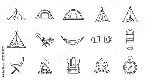 Collection of thin line icons representing camping and outdoor adventure essentials, including various tent styles, a comfortable hammock, a portable camping chair, a sleeping bag, a backpack, a