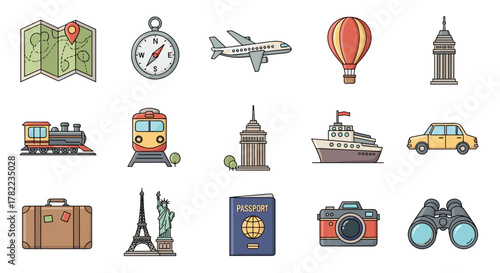 Vibrant and Diverse Travel Icon Collection: Featuring a Folded Map with a Pin, Compass, Airplane, Hot Air Balloon, Skyscraper, Train, Cruise Ship, Car, Suitcase, Eiffel Tower, Statue of Liberty