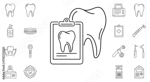 A collection of minimalistic thin line icons representing dental care and tools, including teeth, a clipboard with a tooth diagram, dental instruments, dentures, and a hand sanitizer dispenser