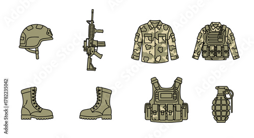 Collection of flat design combat gear icons, including a military helmet, assault rifle, camouflage uniform, sturdy boots, tactical vest, and a hand grenade, presented in a clean, ordered line icon