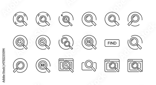 Collection of magnifying glass search icons within circles, representing zoom, find, and website app UI buttons. This set includes various outline vector symbols, such as a magnifying glass over an