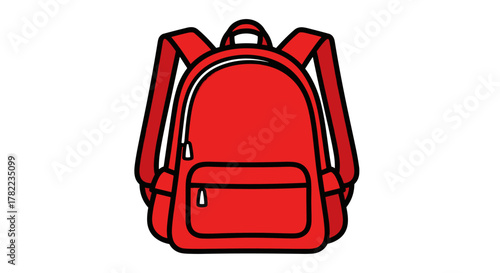 Vibrant red backpack in a flat, modern design with bold outlines, perfect for back-to-school visuals, educational prints, and children's materials. This hand-drawn schoolbag is a versatile vector
