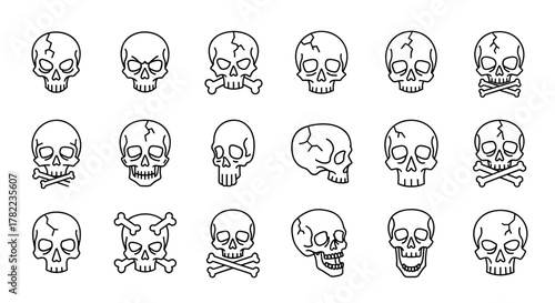 Modern Outline Style Skull Icons for Design, Cards, Apps, and Social Networks: A Vector Cartoon Illustration Set on a White Background, Featuring Various Skull and Crossbones Designs for a Bold and