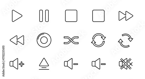 Collection of Play Sign Related Line Icons, Outline Signs for Graphic and Web Design, Apps, Adverts, Various Cards, Vector Cartoon Illustration with a White Background, Modern Minimalist Style for