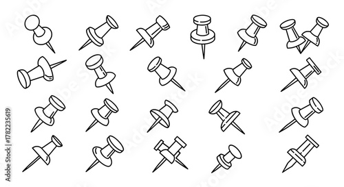 Collection of simple, linear outline push pins, perfect for school and office use. This editable stroke vector cartoon illustration is suitable for websites, books, cards, and apps, offering a clean