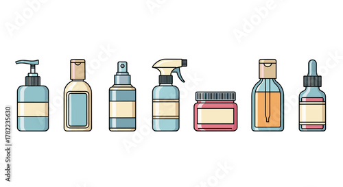 A collection of seven minimalist flat design icons representing various cosmetic bottles and containers, including a pump dispenser, flip-top bottle, spray bottle, jar, and dropper bottle, all
