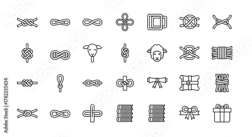 Collection of 30 thin line icons representing various knots, loops, sheep heads, books, bows, and gift boxes, suitable for web, books, cards, and apps, presented as a vector cartoon illustration on a