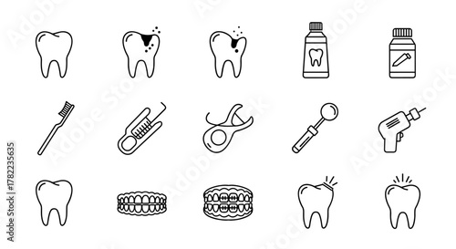A comprehensive set of thin line icons representing dental health and hygiene, including healthy teeth, decayed teeth, dental tools like a toothbrush, floss, mirror, drill, and also dentures and