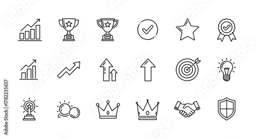 Collection of success-themed line icons on a clean white background, featuring growth charts, trophies, stars, medals, targets, lightbulbs, crowns, handshake, shield, and upward arrows, representing