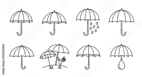Collection of eight thin line art umbrella icons, perfect for web, books, cards, and apps. This vector cartoon illustration features various umbrella designs, including rain, beach, and single drops
