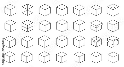 Collection of various isometric outline cubes, including simple cubes, divided cubes, open boxes, and interlocking puzzle pieces, presented in a clean, editable stroke vector cartoon illustration