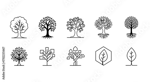 Collection of ten diverse tree logos and icons in black and white, featuring various artistic styles from minimalist to ornate, including abstract and geometric interpretations, suitable for web