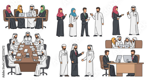 Diverse group of Arabian business people in an office setting, featuring men and women in traditional Islamic attire, including hijabs and thobes, engaged in meetings, discussions, and collaborative
