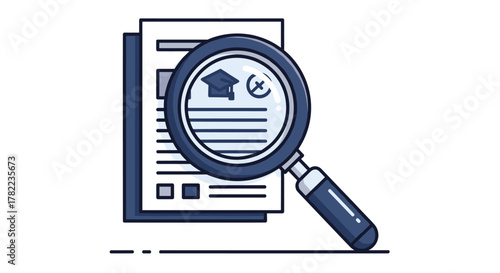 A stylized, flat design icon depicts a magnifying glass held over a document, highlighting a graduation cap and a cross symbol, representing in-depth research, thesis review, and critical analysis