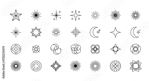 Collection of abstract geometric icons and symbols on a white background, featuring stars, sparkling elements, different shapes, a crescent moon with stars, and a sun, all rendered in a clean