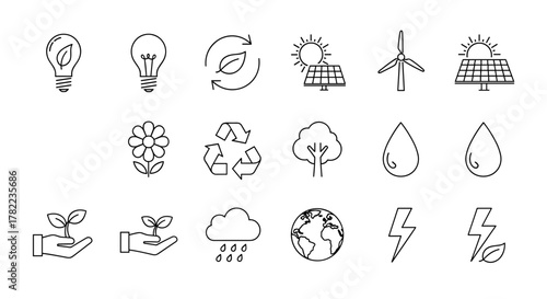 Collection of eco-friendly and sustainability-themed line icons, featuring renewable energy sources like solar panels and wind turbines, alongside symbols for recycling, nature, water, and plant
