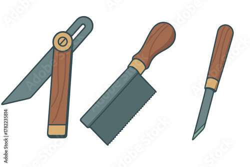 Carpentry tools set featuring a bevel gauge, small hand saw, and carving knife on white background