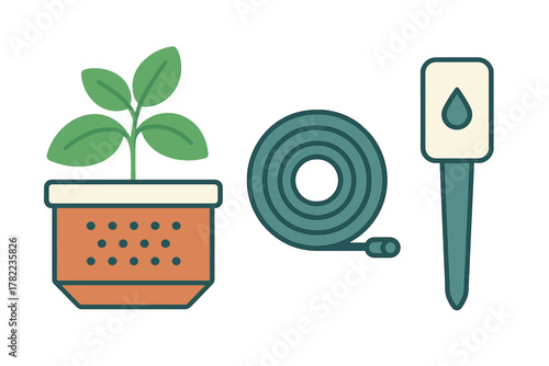 Essential gardening equipment including a small potted plant, rolled water hose, and soil moisture sensor